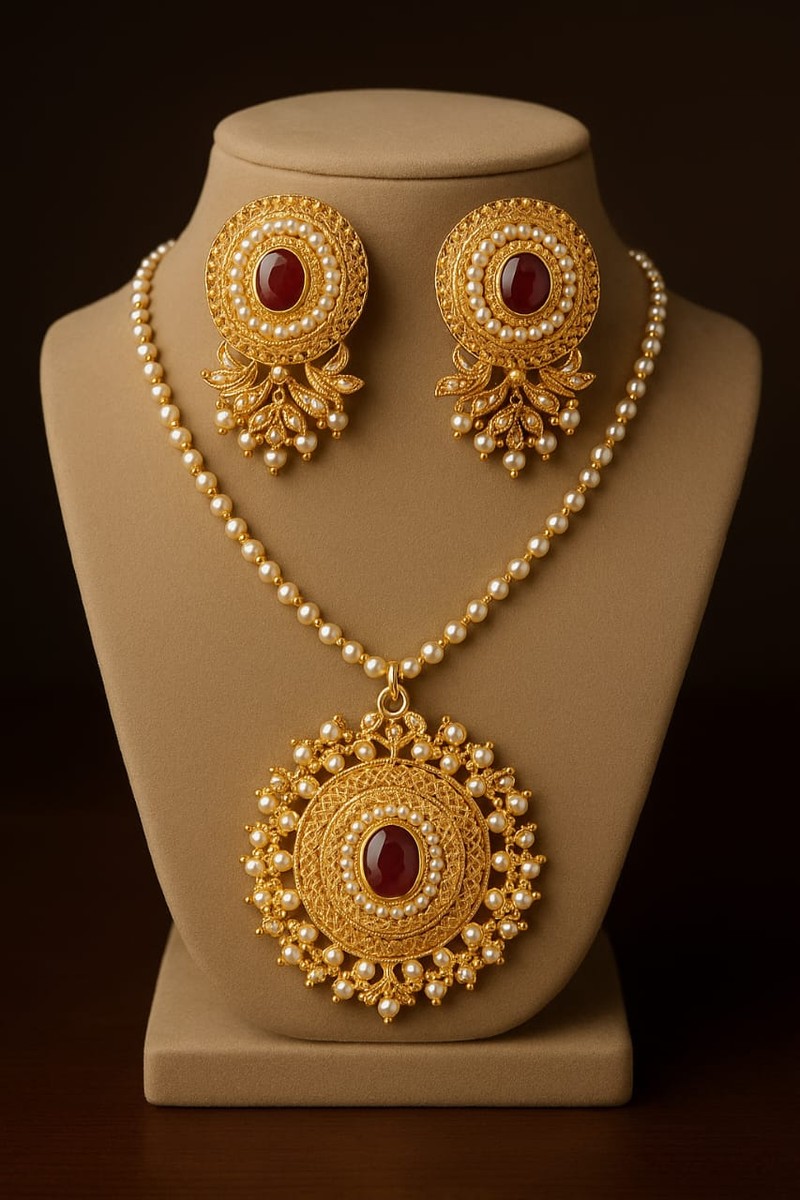 (Round Golden Pendant with Ruby Center)